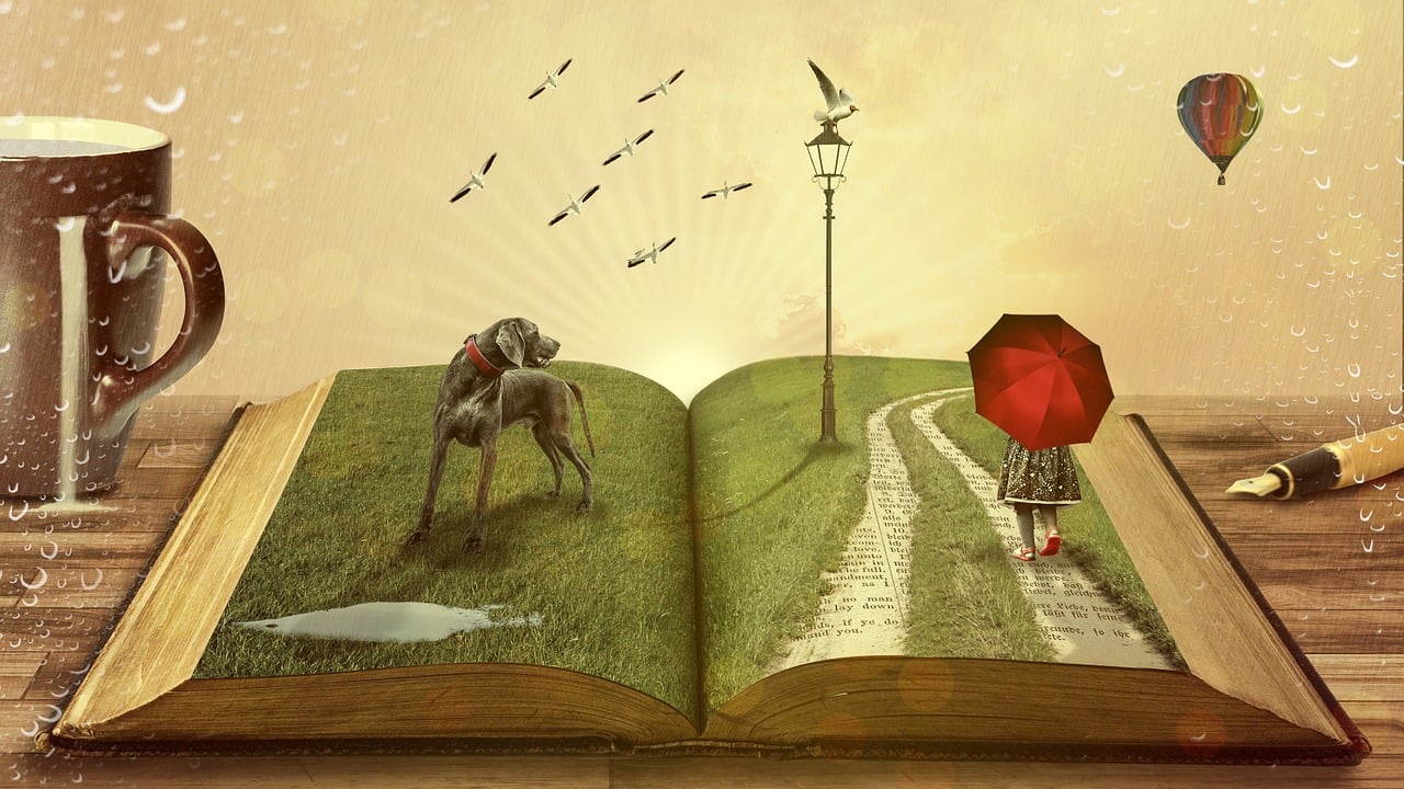 open book illustration with dog.