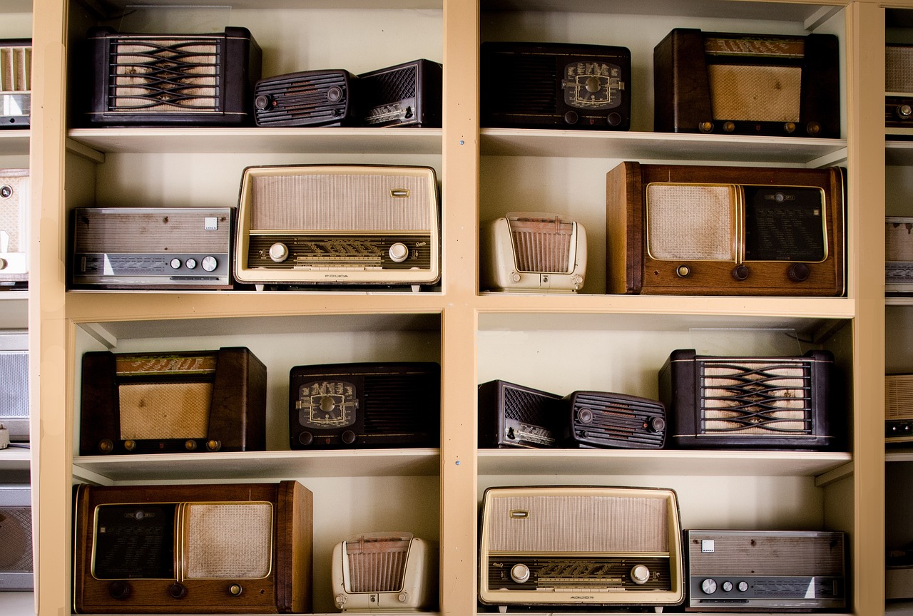 shelves full of radios